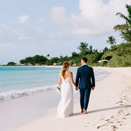 Caribbean Holidays, March Weddings, Bride and groom walking along a quiet white-sand beach in Saint Barth&eacute;lemy, with gentle waves and tropical greenery