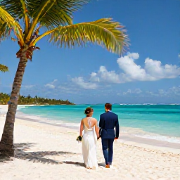 Caribbean Holidays, March Weddings, Bride and groom walking along a sunny Guadeloupe beach in March, with turquoise sea, palm trees and soft white sand