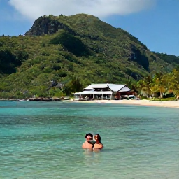 Caribbean Holidays, March Weddings, Couple enjoying a romantic Saint Lucia honeymoon day, swimming in a clear bay with lush green hills and a luxury resort nearby