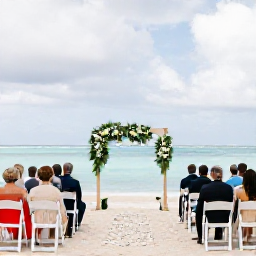 Caribbean Holidays, March Weddings, Elegant beach wedding ceremony on Saint Kitts with white chairs, simple tropical flowers and guests facing the sea