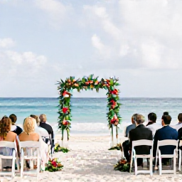 Caribbean Holidays, March Weddings, Elegant beach wedding ceremony with white chairs, tropical flowers and a small group of guests on Tortola