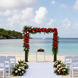 Caribbean Holidays, March Weddings, Elegant beach wedding ceremony with white chairs, tropical flowers and calm blue water on St Thomas
