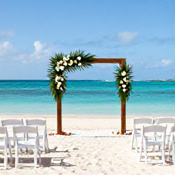 Caribbean Holidays, March Weddings, Elegant beachfront wedding ceremony in Providenciales, Turks and Caicos, with white chairs, simple tropical flowers and clear blue water