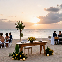 Caribbean Holidays, March Weddings, Elegant Martinique beach wedding reception at sunset, with simple tables, tropical flowers, lanterns and guests enjoying the sea view