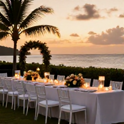 Caribbean Holidays, March Weddings, Elegant outdoor wedding reception in Tobago at sunset, with white chairs, tropical flowers, soft lights and the sea in the background