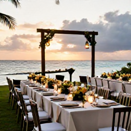Caribbean Holidays, March Weddings, Elegant outdoor wedding reception with lanterns, local flowers and tables overlooking the Caribbean Sea at sunset