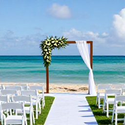 Caribbean Holidays, March Weddings, Elegant seaside wedding ceremony in Antigua with white chairs, simple flowers and turquoise Caribbean water