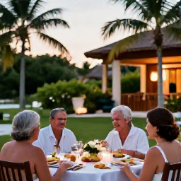 Caribbean Holidays, March Weddings, Happy newlywed couple sharing a relaxed outdoor meal with family at a Cuban resort, with tropical greenery and warm evening light