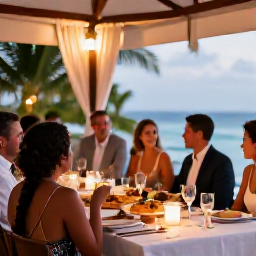 Caribbean Holidays, March Weddings, Happy wedding guests enjoying a relaxed Caribbean reception with tropical food and soft evening lights