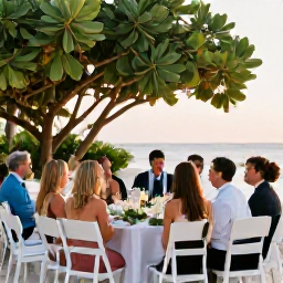 Caribbean Holidays, March Weddings, Happy wedding guests enjoying a relaxed outdoor reception beside the beach in Turks and Caicos, with tropical foliage and warm evening light
