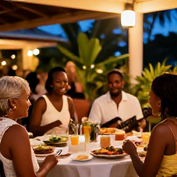 Caribbean Holidays, March Weddings, Happy wedding guests enjoying Caribbean food and music at an outdoor reception in Trinidad and Tobago, with tropical plants and warm evening lighting