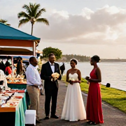 Caribbean Holidays, March Weddings, Happy wedding guests exploring a colourful Martinique market and waterfront promenade in warm March sunshine
