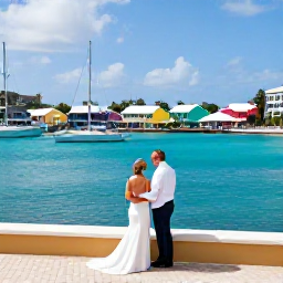 Caribbean Holidays, March Weddings, Newly married couple exploring Gustavia in Saint Barth&eacute;lemy, with colourful buildings, harbour yachts and sunny March weather