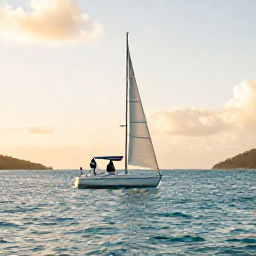 Caribbean Holidays, March Weddings, Newly married couple sailing on calm turquoise water between the British Virgin Islands at sunset