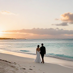 Caribbean Holidays, March Weddings, Newly married couple walking along a peaceful Turks and Caicos beach at sunset, with turquoise water and a soft golden sky