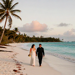 Caribbean Holidays, March Weddings, Newly married couple walking along a quiet Martinique beach at golden hour, with turquoise water and palm trees