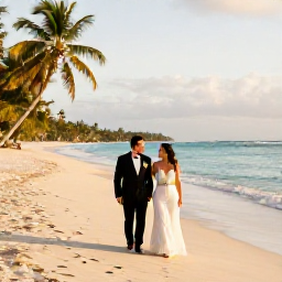 Caribbean Holidays, March Weddings, Newly married couple walking along a quiet tropical beach in Tobago during golden afternoon light, with gentle waves and palm trees
