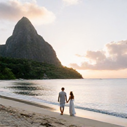 Caribbean Holidays, March Weddings, Newly married couple walking hand in hand along a quiet Saint Lucia beach at sunset, with tropical hills and calm sea