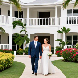 Caribbean Holidays, March Weddings, Newly married couple walking through a tropical hotel garden in Saint Kitts after a relaxed Caribbean wedding