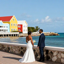 Caribbean Holidays, March Weddings, Newlyweds exploring Aruba in March, standing near colourful buildings and a sunny Caribbean coastline
