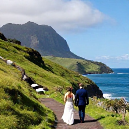 Caribbean Holidays, March Weddings, Newlyweds exploring Montserrat, walking along a scenic coastal path with green hills and the Caribbean Sea