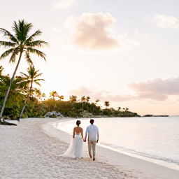 Caribbean Holidays, March Weddings, Newlyweds walking along a bright white sandy beach in Antigua at sunset, with calm turquoise sea and palm trees