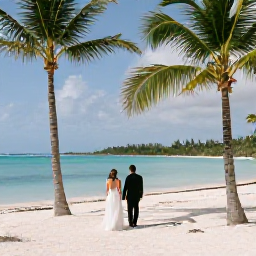 Caribbean Holidays, March Weddings, Newlyweds walking along a quiet Bahamian beach after their March wedding, with palm trees, clear water and a relaxed island atmosphere