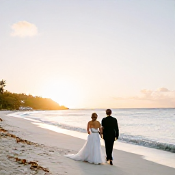 Caribbean Holidays, March Weddings, Newlyweds walking along a white sandy beach at sunset on St John in the US Virgin Islands