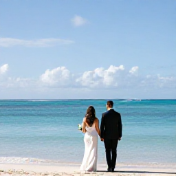 Caribbean Holidays, March Weddings, Newlyweds walking beside a calm turquoise Caribbean sea on a bright March morning in Saint Kitts
