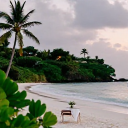 Caribbean Holidays, March Weddings, Romantic British Virgin Islands beach at dusk with tropical greenery, gentle waves and a small wedding table