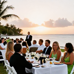 Caribbean Holidays, March Weddings, Wedding guests enjoying a relaxed outdoor reception at sunset in Saint Kitts, with Caribbean food and gentle sea views