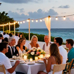 Caribbean Holidays, March Weddings, Wedding guests enjoying a relaxed outdoor reception in Aruba with tropical table decorations, warm evening light and the sea nearby