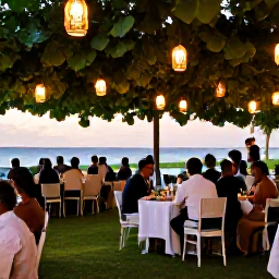 Caribbean Holidays, March Weddings, Wedding guests enjoying a relaxed outdoor reception in Guadeloupe, with tropical greenery, lanterns and a sunset Caribbean backdrop