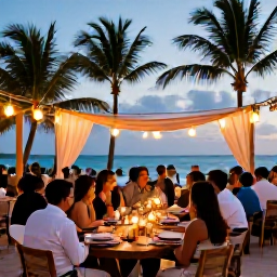 Caribbean Holidays, March Weddings, Wedding guests sharing a relaxed reception dinner at a tropical Dominican Republic resort, with lanterns and palm trees after sunset