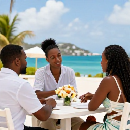 Caribbean Holidays, March Weddings, Wedding planner meeting with a couple at a bright Caribbean resort, discussing a March wedding on Saint Martin