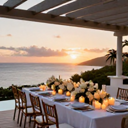 Caribbean Holidays, March Weddings, Wedding reception at a stylish Saint Barth&eacute;lemy villa terrace in March, with Caribbean sunset, candles and a beautifully set dinner table