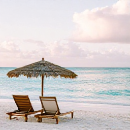 Caribbean Holidays, March Wellness, A calm white-sand beach in Providenciales, Turks and Caicos, with turquoise water, a shaded sun lounger and soft morning light