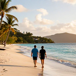 Caribbean Holidays, March Wellness, A couple walking along a quiet beach in the British Virgin Islands at golden hour, with gentle waves, palm trees and hills in the distance