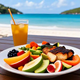 Caribbean Holidays, March Wellness, A relaxed healthy lunch with fresh Caribbean fruit, colourful salad and grilled fish at a waterside restaurant in the British Virgin Islands