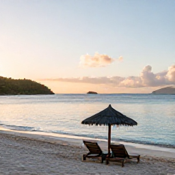 Caribbean Holidays, March Wellness, A tranquil Caribbean beach in the British Virgin Islands at sunrise, with calm turquoise water, soft sand and a single shaded sun lounger