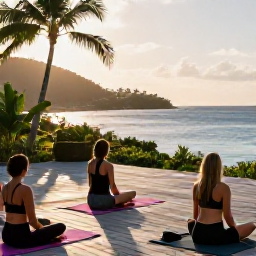 Caribbean Holidays, March Wellness, An open-air yoga session beside a calm Caribbean sea in the British Virgin Islands, with tropical greenery, wooden decking and morning sunlight