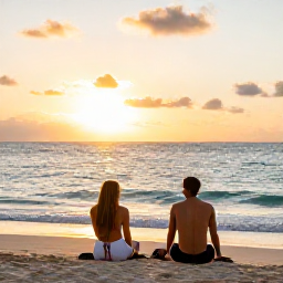 Caribbean Holidays, March Wellness, Couple relaxing on a quiet beach in the Grenadines at sunset, gentle waves, warm sky and peaceful Caribbean setting