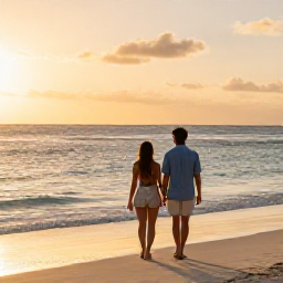 Caribbean Holidays, March Wellness, Couple walking barefoot along a quiet Caribbean beach at sunset, calm sea, warm sky and an intimate relaxing holiday mood
