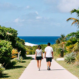 Caribbean Holidays, March Wellness, Couple walking through a quiet tropical coastal path on Sint Maarten in March, sea views, green vegetation and relaxed holiday mood