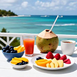 Caribbean Holidays, March Wellness, Healthy Caribbean breakfast with fresh tropical fruit, coconut water and colourful local ingredients on a terrace overlooking the sea in Saint Kitts