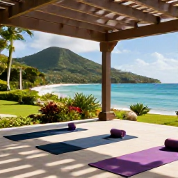 Caribbean Holidays, March Wellness, Open-air wellness setting in Saint Kitts with yoga mats on a shaded terrace overlooking the Caribbean Sea and green hills
