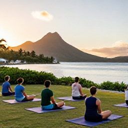 Caribbean Holidays, March Wellness, Open-air yoga session overlooking a Caribbean bay in the United States Virgin Islands at sunrise, tropical greenery and calm sea