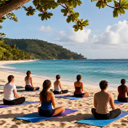 Caribbean Holidays, March Wellness, Outdoor yoga session overlooking a tropical bay in Saint Vincent and the Grenadines, natural scenery and peaceful morning atmosphere