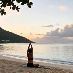 Caribbean Holidays, March Wellness, Person enjoying a peaceful beachfront yoga session on Saint Martin at sunrise, tropical beach, calm sea and natural surroundings