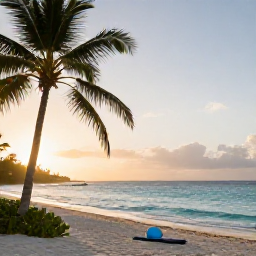 Caribbean Holidays, March Wellness, Quiet Caribbean beach at sunrise in March, soft golden light, palm trees, calm turquoise water and a peaceful wellness holiday atmosphere